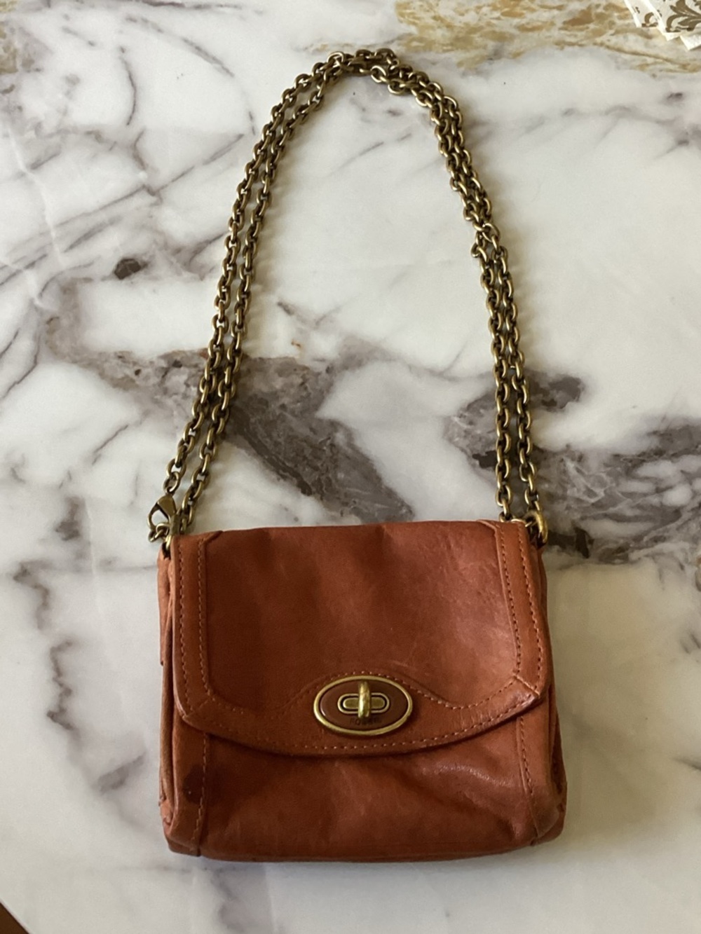 Fossil small Chestnut Leather Shoulder Bag with Gold Chain Strap